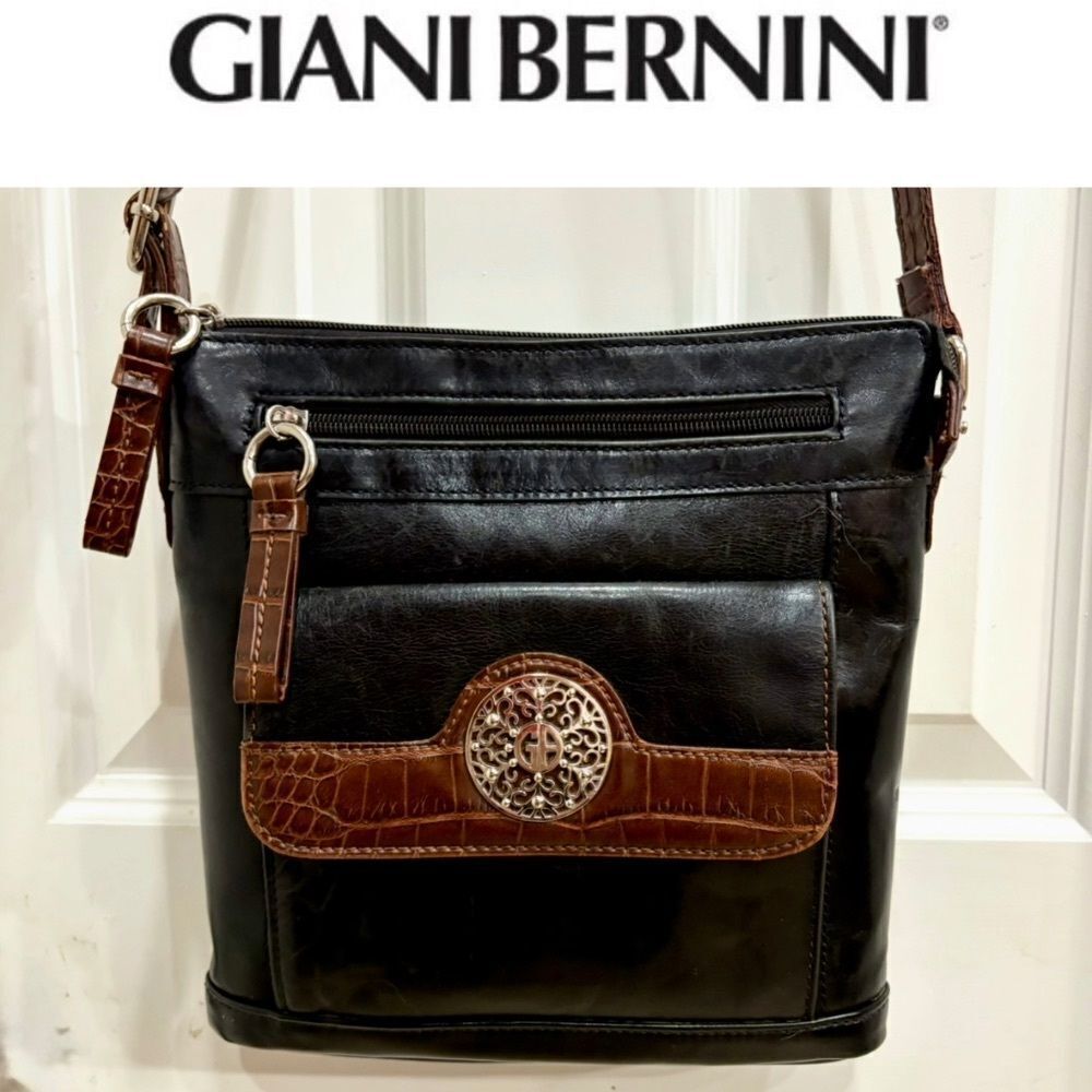 GIANI BERNINI - Florentine Glazed Leather Crossbody/Croco Faux Leather Trim EUC
